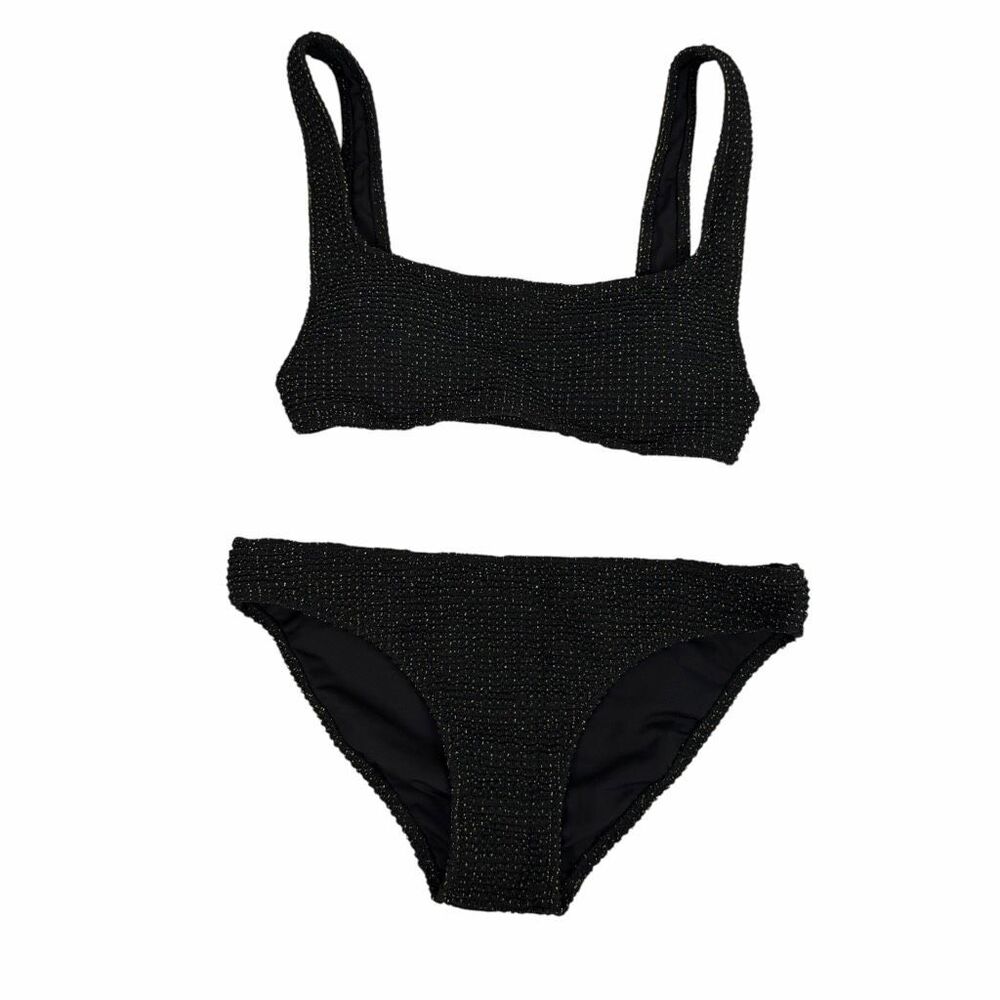 Aerie Black XS Scoop Bikini Top Small Bottom Lurex Crinkle